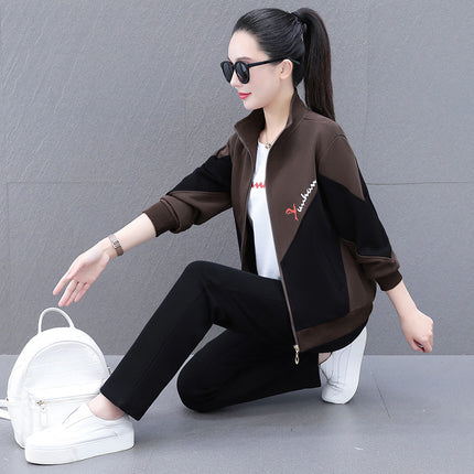 High Cotton Color-Block Two-Piece Fashion Casual Sports Suit for Women, Spring and Autumn, Middle-Aged Mom, Stand Collar Cardigan and Color-Block Sweatpants