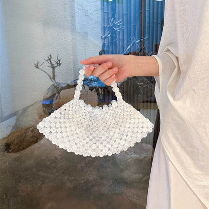 French Retro Hand-Woven Beaded Ice Cracked Pearl Fan-Shaped Bag Fairy Dumpling Mobile Phone Bag Hand-Held Crossbody Bag