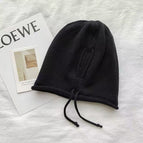Knitted drawstring small rolled edge black - pile hat