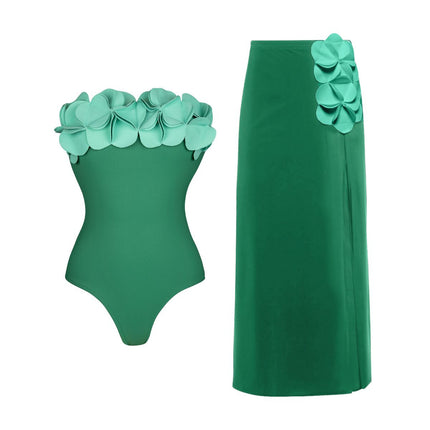 2025 Cross-Border European and American Swimwear New 3D Flower Tube Top Fresh Green One-Piece Swimsuit Wrap Skirt Suit for Women 25316