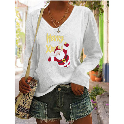 2023 European and American Amazon independent station wish autumn and winter new hot selling women's printed V-neck long sleeve loose T-shirt for women