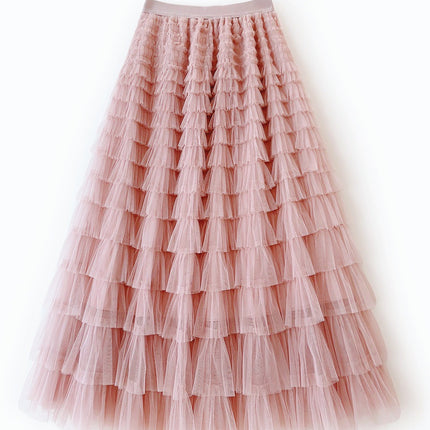 Sauze Skirt Women's Sweet Multi-Layer Cake Mesh Skirt light purple Elegant Elegant Elasticite Waist Princess A- Line Long Skirt