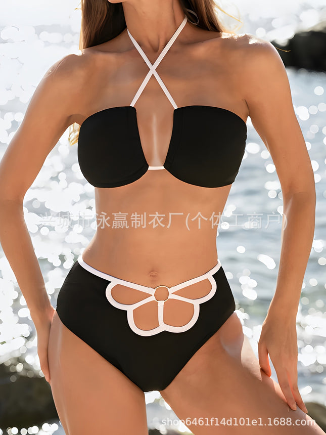 European and American Split Swimsuit, Feminine Cut Out Design, Belly-Covering Bikini, Small Breast Push-Up Beach Vacation Bikini