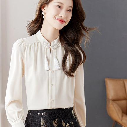 New Chinese Style Chinese Style Zen Style Improved Hanfu Long Sleeve Shirt Women's Matching Horse Face Skirt Elegant Top