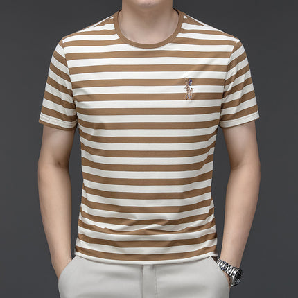 Mingdi Mouse Men's Summer New Short-sleeved Young and Middle-aged Crewneck T-shirt Business All-match Striped Men's T-shirt Top