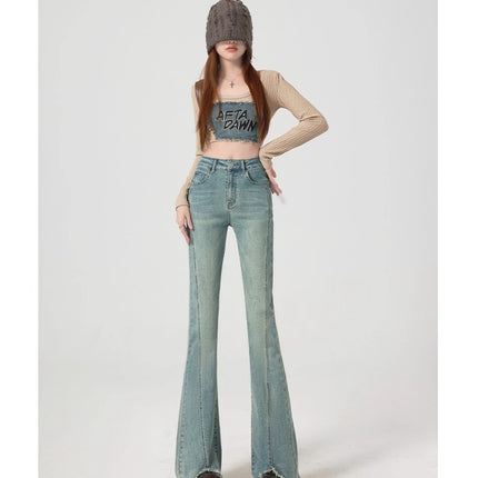 Retro Raw Edge Micro-Flared Jeans for Women Plus Size High Waist Petite Slim Slim Floor-Length Trousers