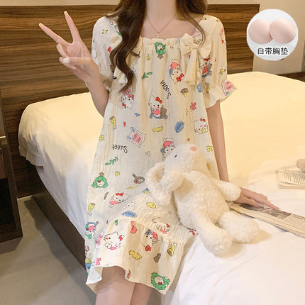 Sweet Bow Square Neck Nightgown with Breast Pad Summer New Cloud Cotton Cartoon Short-Sleeved Princess Style Women's Nightgown