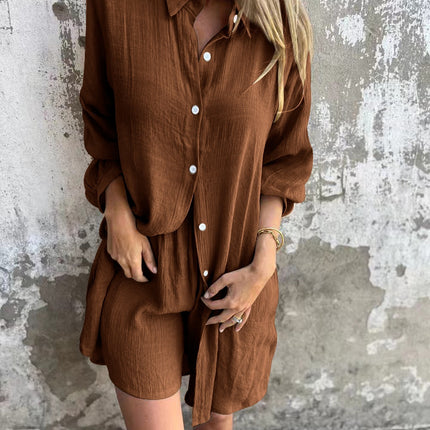 2025 cross-border Europe and America Amazon new women's casual solid color cotton and linen shorts long sleeve wrinkled cloth shirt two-piece set