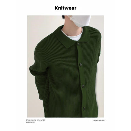 Army Green Lapel Knitted Cardigan Men's Spring & Fall Korean Style Simple High-End Casual Loose Lazy Style Sweater Jacket
