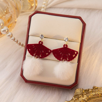 925 Silver New Wine Red Flocking Earrings Elegant Atmosphere Bow Rose New Year Spring Festival Chinese Style Earrings