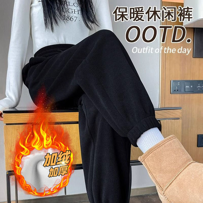 Corduroy sports pants for women fleece-lined thickened 2024 autumn and winter high waist ankle-tied loose slimming pants ins casual pants