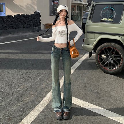Vintage Micro-La Jeans Women's 2025 New Washed Nostalgic Spice Girls Low Waist Slim-Fit Slimming Horn Mop Pants