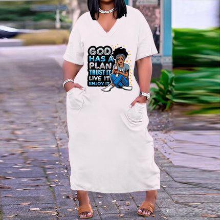 WK2360 European and American sexy V-neck loose print plus size dress