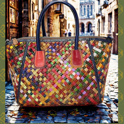 European and American Trendy Women's Bags, Colorful Cowhide Leather, Fashionable and Versatile Woven Shoulder Tote, Genuine Leather Crossbody Bag, Large Capacity, Retro