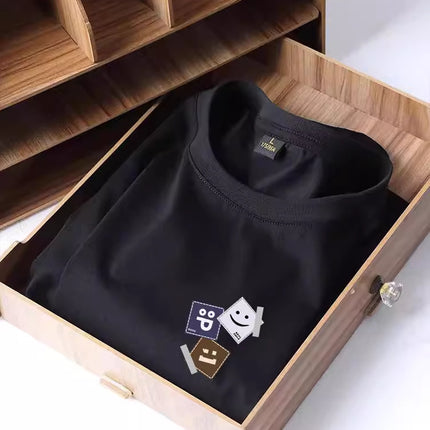 Summer Hong Kong Style Black Aircraft Ice Silk Round Neck Men's T-shirt Top Printed Casual Retro Top Couple Clothing