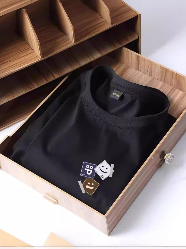 Summer Hong Kong Style Black Aircraft Ice Silk Round Neck Men's T-shirt Top Printed Casual Retro Top Couple Clothing
