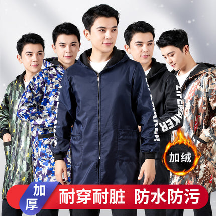 Hooded Camouflage Long Workwear for Adults, Oil-Proof and Waterproof Blue Coat, Unisex Work Uniform with Printed Text, Loose Fit
