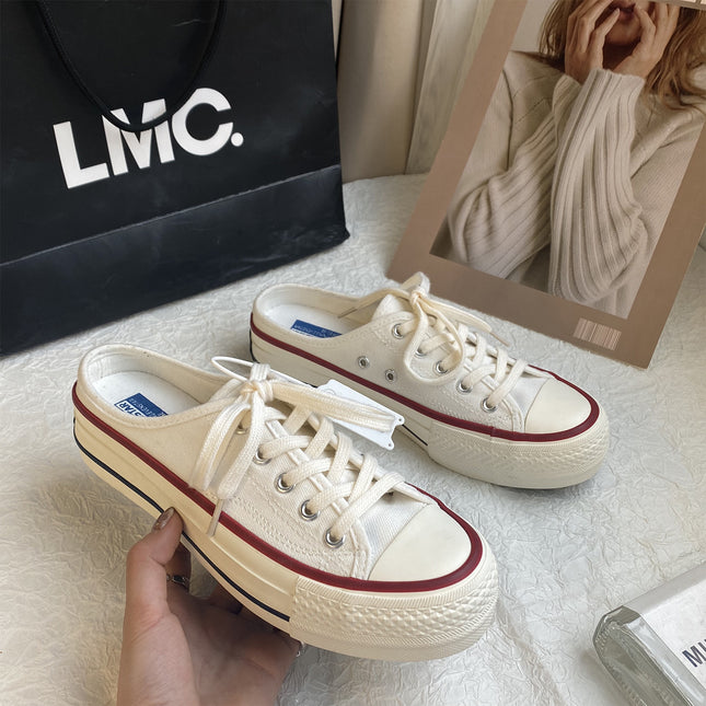 Thick-Soled Canvas Shoes, Half-Flop Women's Shoes, White Shoes for Women, 2025 Spring New Style, Heelless Slip-On Half-Stepping Lazy Shoes for Women