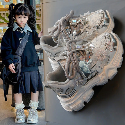 Girls' Sneakers Dad Shoes 2025 Spring New Lace Mesh Casual Shoes for Big Kids, Lightweight and Comfortable
