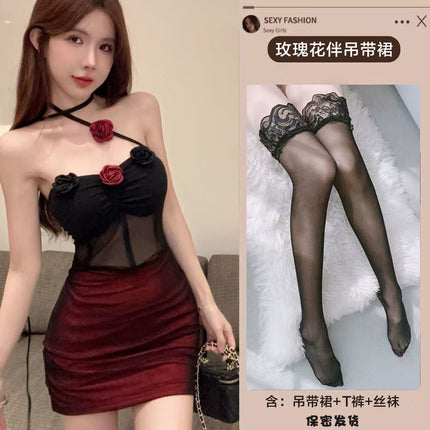Sexy Underwear Dark Sexy Spice Girl Mesh Perspective Tight Waist dress Pure Three-dimensional Flower Backless Slim Dress
