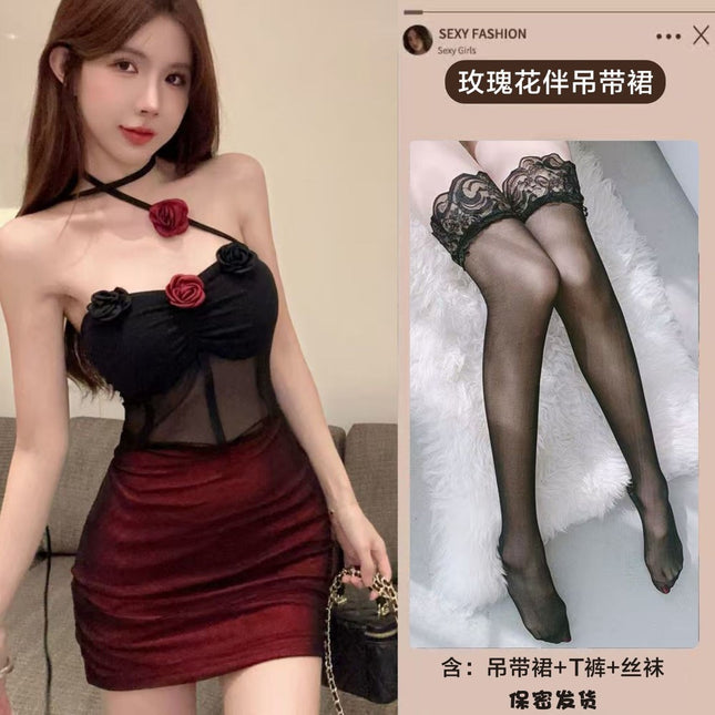 Sexy Underwear Dark Sexy Spice Girl Mesh Perspective Tight Waist dress Pure Three-dimensional Flower Backless Slim Dress