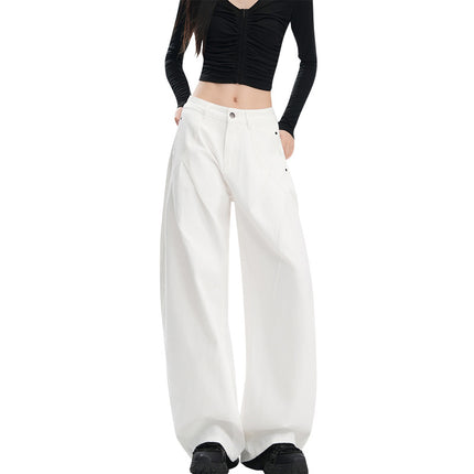 Early Autumn New Design Pleated Wide-Leg Jeans for Women, Versatile, Fashionable, Comfortable, High-Waisted, Loose Straight Pants