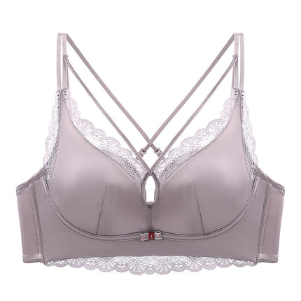 New hollow-out breast shaping with satin underwear thickened steamed bread cup small chest push up sexy cross back bra foreign trade
