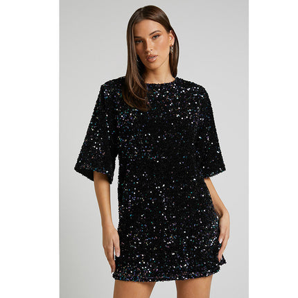 European and American cross-border autumn and winter New velvet sequins fashion elegant back V-neck backless short sleeve dress