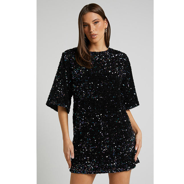 European and American cross-border autumn and winter New velvet sequins fashion elegant back V-neck backless short sleeve dress
