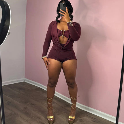 Amazon Foreign Trade Best-Selling Women's Solid Color Long-Sleeved Swing Collar Cut Out Accessible Luxury Sexy Sexy Nightclub Slim Jumpsuit