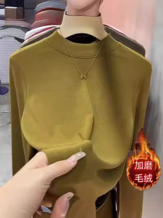 2025 Autumn and Winter New Style Plus Brushed Inner Small Stand-Up Collar Pure Color Simple Versatile Slimming Look Half Turtleneck Bottoming T-Shirt for Women