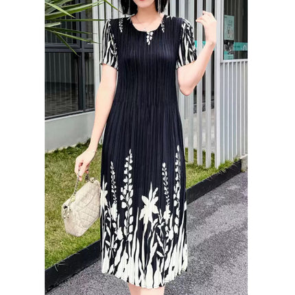 Miyake pleated 2025 summer new temperament round neck printed pleated skirt fashion waist thin magic dress