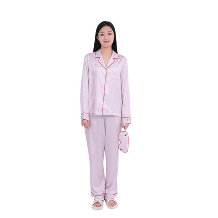 Factory in stock Spring and Summer Cool Ice Silk Pajamas Women Pink Embroidered Simple plus size Long Sleeve Home Wear suit