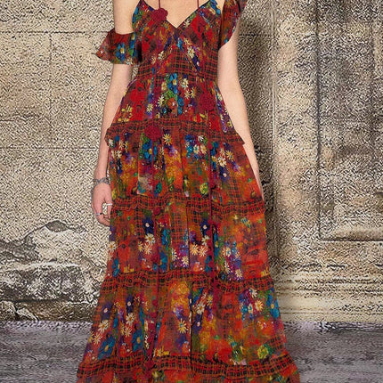 TheNeverMo Fireworks Burning Spring French Retro V-neck Strap Floral Long Dress for Holiday dress Summer