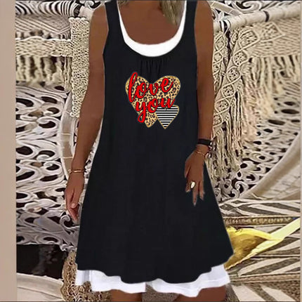 In-Stock 2025 European and American Style Aliexpress Wish Independent Site Fashion Casual Heart Print Faux Two-Piece Sleeveless Dress