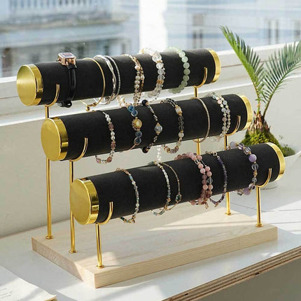 Golden Three-layer Jewelry Display Rack Bracelet Rack Iron Jewelry Props Stepped Wooden Base Bracelet Stand Stall
