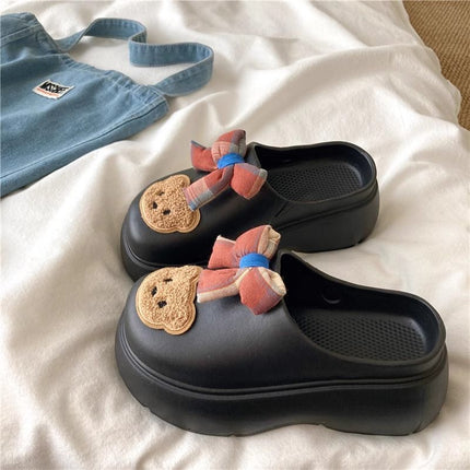 Retro Bowknot Bear Outdoor Anti-Odor Slippers Home Cartoon Casual Height-Increasing 2026 Summer Closed-Toe Sandals