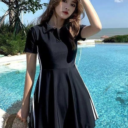 Women's Swimsuit Summer 2025 New Conservative One-Piece Skirt Style Belly-Covering Slimming Look Sports Boxer Student Hot Spring Swimwear