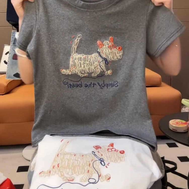 Pure Cotton plus size Cartoon Puppy Embroidered Short-sleeved T-shirt Women's Spring and Summer 2025 New Slim-fit Slimming Fashionable Top for Women