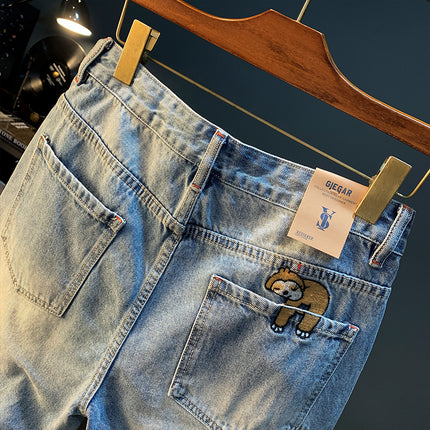 Summer Casual Shorts Men's plus size Light Color Five-point Jeans Trendy Embroidered High-end Men's Straight Pants