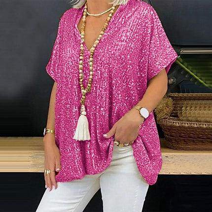 2025 New European and American Amazon Short-Sleeved Urban Casual Color Loose Pullover Sequined V Neck T-Shirt Tops for Women