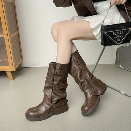 Genuine Leather Version ~ Retro Pleated Thick-Soled Short Boots for Women 2025 Autumn New Belt Buckle Boots Western Boots