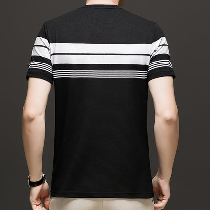 Mingdi Mouse Summer New Round Neck Striped Short-sleeved Young and Middle-aged Men's T-shirt Casual Embroidered Loose T-shirt Top