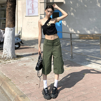 American Fashion Trendy Summer New Style Removable Two-Wear Army Green Casual Wide-Leg Multi-Pocket Crane Pants for Women