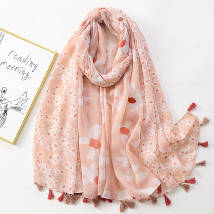 Japanese New Artistic Color Split Travel Sunscreen Beach Towel Printed Cotton and Linen Hand Scarf Tassel Scarf Large Scarf