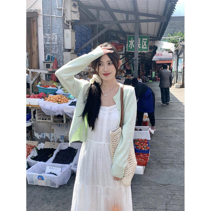 Fresh Honeydew Green Long-Sleeved Knitted Cardigan for Women 2025 Early Spring New Elegant Versatile Round Neck Top