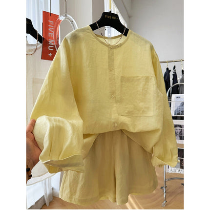 High-End Pure Cotton and Linen Shirt + Short Two-Piece Fashion Set for Women, a Stunning Summer Outfit Complete Set