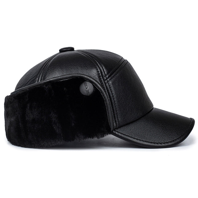 Hat Men's Winter Middle-aged and Elderly PU Leather Warm Ear Protection Winter Hat Grandpa Dad fleece-lined Old Man Cotton Hat