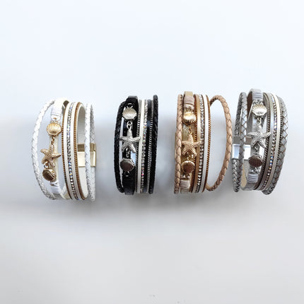 Cross-border Hot Sale New Style Shell Starfish Bracelet Diamond-encrusted Multi-layer Magnetic Bracelet Bohemian Woven Leather Bracelet