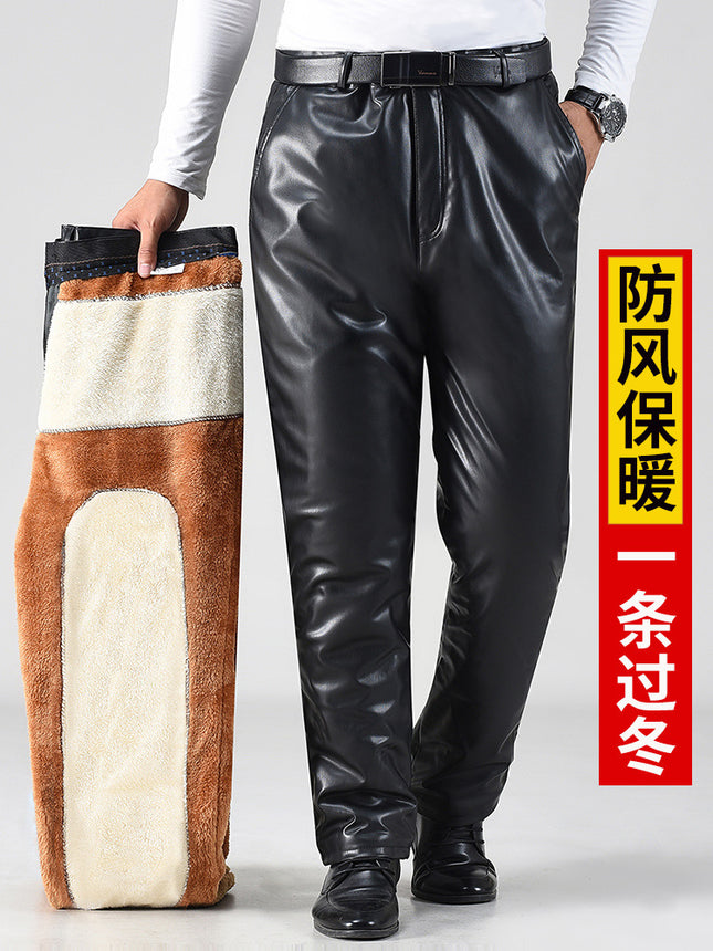 Men's Leather Pants with Velvet and Thickeneding, Winter Loose, Middle-aged and Elderly Men's Motorcycle Takeaway Waterproof, Windproof and Warm Leather Pants
